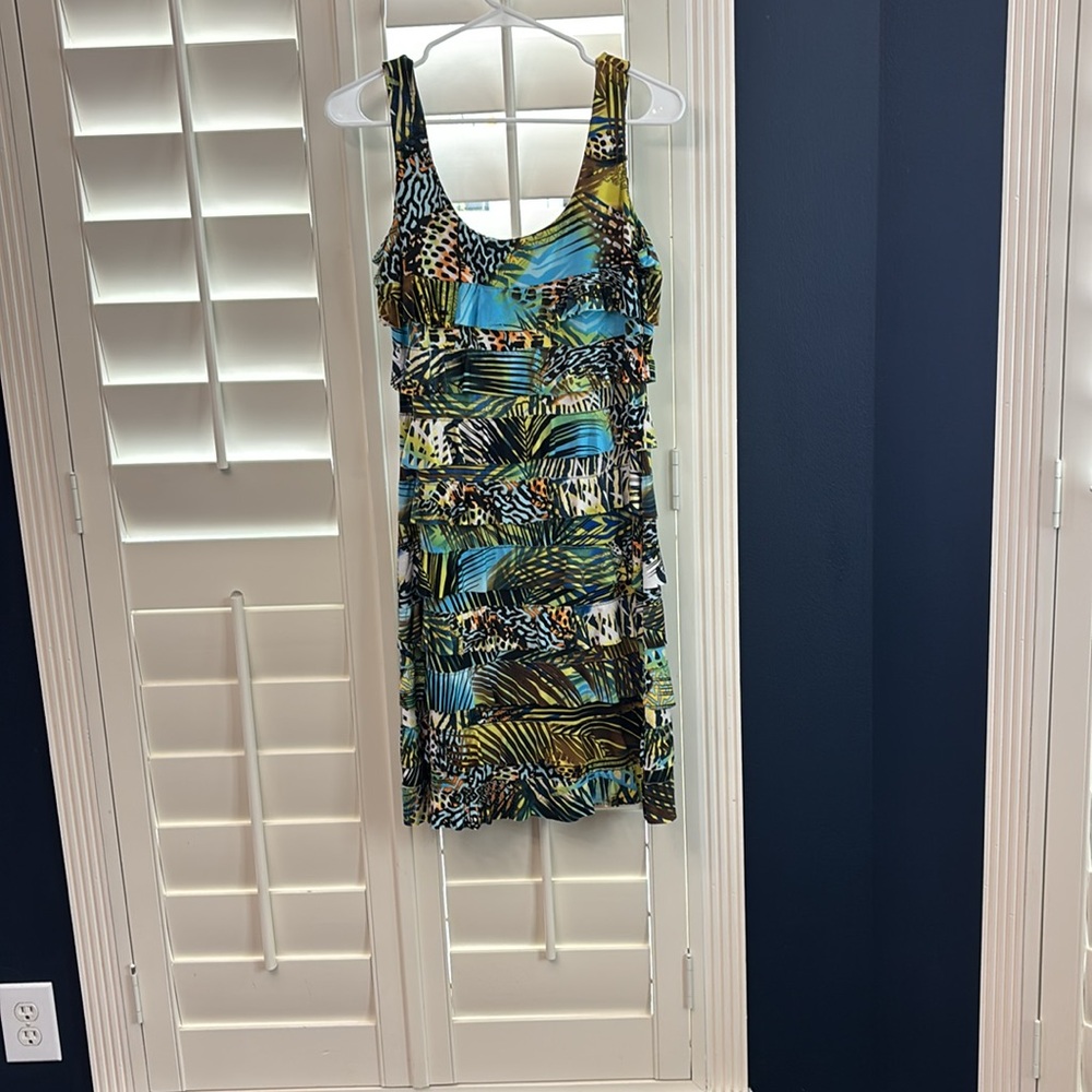 Colorful sleeveless dress.